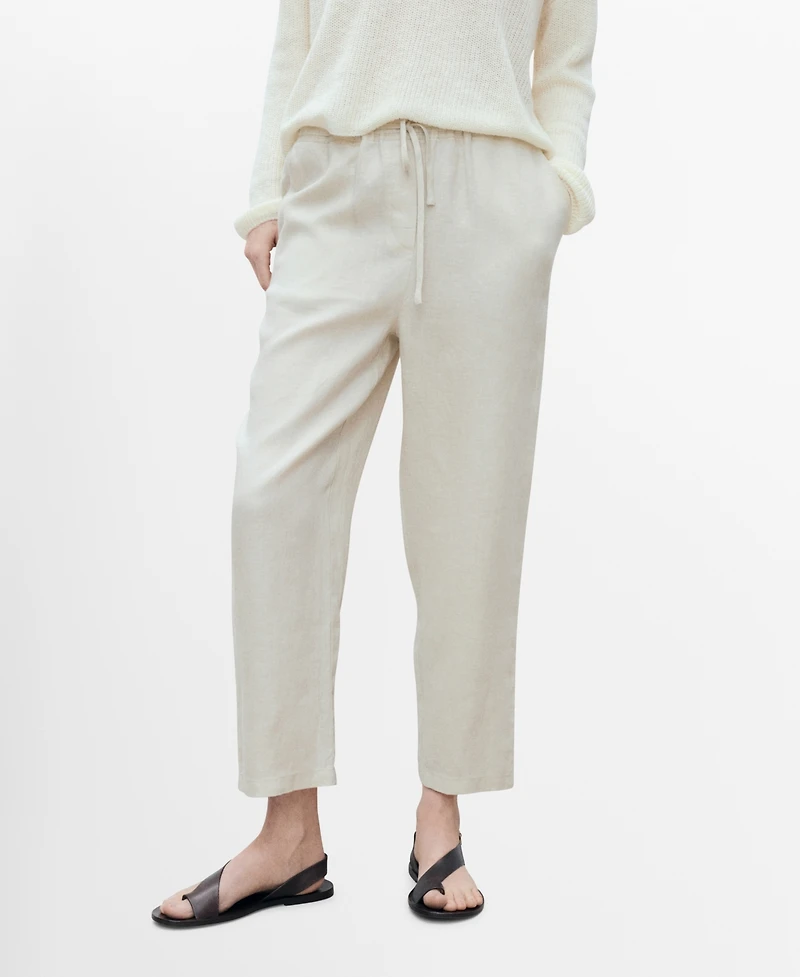 Mango Women's Straight Cropped Linen Trousers Pants