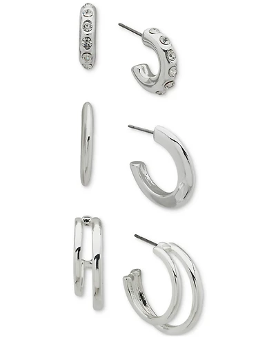 Anne Klein Silver-Tone 3-Pc. Set Pave C-Hoop Earrings