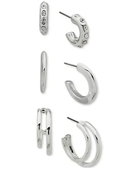 Anne Klein Silver-Tone 3-Pc. Set Pave C-Hoop Earrings
