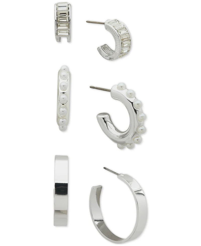 Anne Klein Silver-Tone 3-Pc. Set Baguette Crystal & Imitation Pearl C-Hoop Earrings
