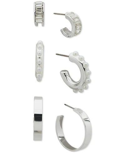 Anne Klein Silver-Tone 3-Pc. Set Baguette Crystal & Imitation Pearl C-Hoop Earrings