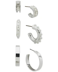 Anne Klein Silver-Tone 3-Pc. Set Baguette Crystal & Imitation Pearl C-Hoop Earrings