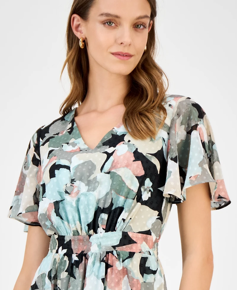 Kasper Women's Printed Swiss Dot Flutter-Sleeve Midi Dress