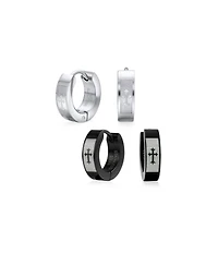 Bling Jewelry Set of 2 Fleur De Lis Cross Silver Black Huggie Hoop Earrings Stainless Steel