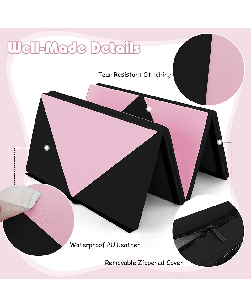 8 Feet Pu Leather Folding Gymnastics Mat with Hook and Loop Fasteners-Black & Pink