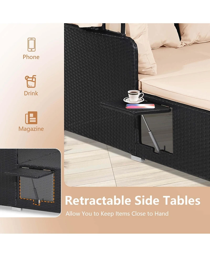 Patio Rattan Daybed Lounge Retractable Top Canopy Side Tables Cushions