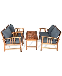 4PCS Wooden Patio Furniture Set Table Sofa Chair Cushioned Garden