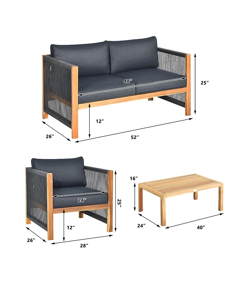 4 Pcs Acacia Wood Patio Conversation Set w/Cushions for Garden