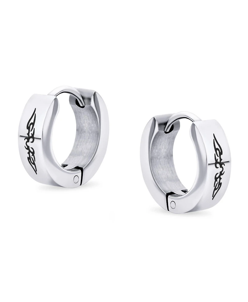Bling Jewelry Set of 2 Angel Wings Huggie Hoop Kpop Earrings Black Silver Tone Stainless Steel
