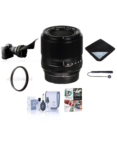 Fujifilm Xf 60mm f/2.4 R Macro Lens, Bundle with Bower 39mm Uv Filter, Flex Lens Shade, Lens Wrap, Cleaning Kit, Lens Cap Tether, Pc Software Kit