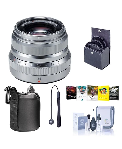 Fujifilm Xf 35mm f/2 R Wr Lens, Silver, Bundle with 43mm Filter Kit, Lens Case, Cleaning Kit, Lens Cap Tether