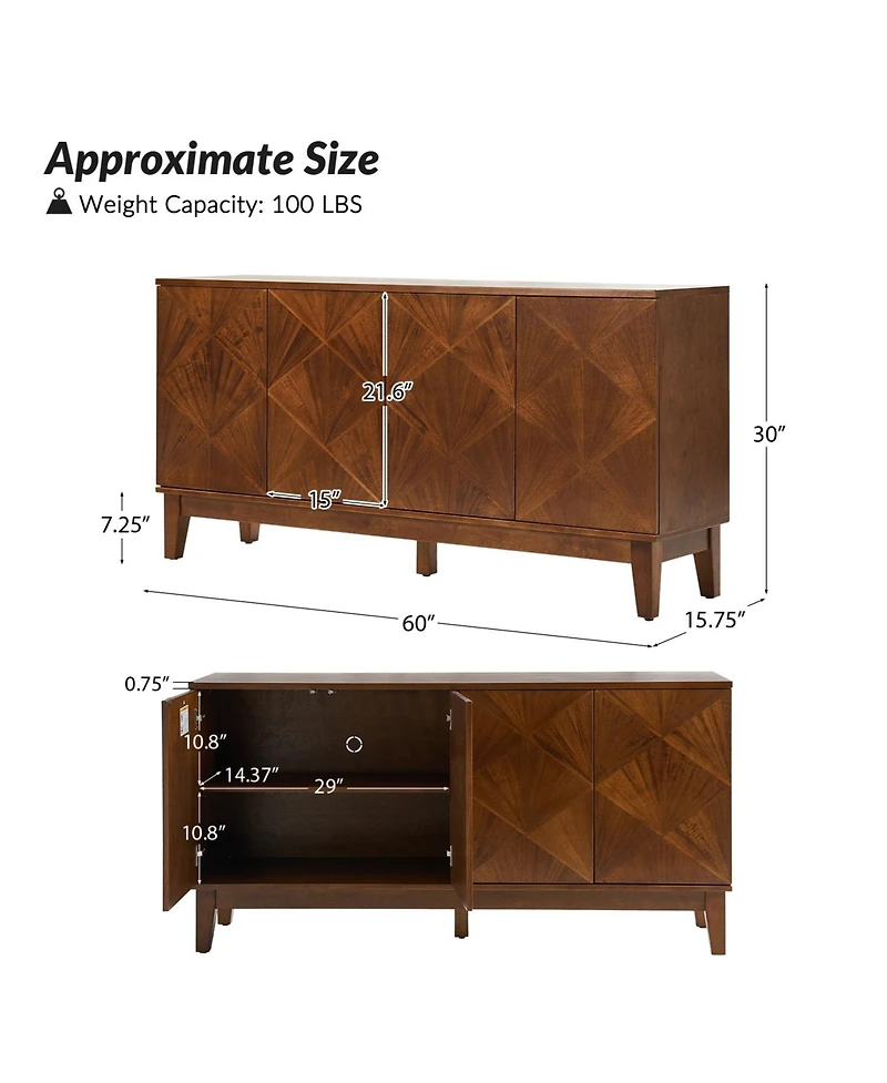 Abraham Mid-century 60" Solid Wooden Legs Sideboard
