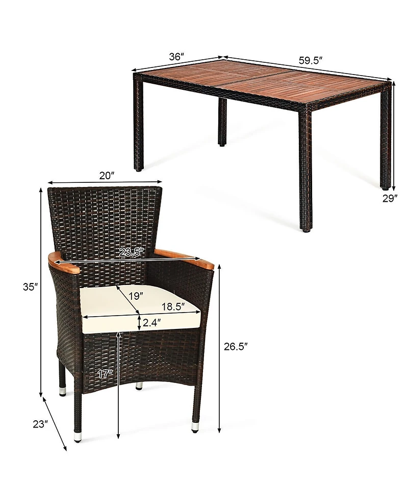 7PCS Patio Rattan Dining Set 6 Stackable Chairs Cushioned