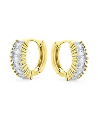 Bling Jewelry Set of 2 Cz Hoop Huggie Earrings Emerald Cut Milgrain Edge Silver Gold Plated