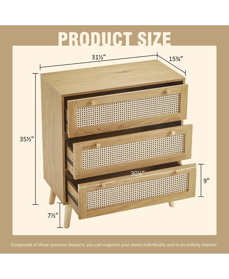 Modern 3-Drawer Rattan Dresser – Space-Saving Wooden Storage Chest for Bedroom, Living Room & Dorms