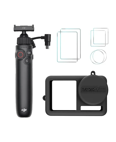 Dji Osmo Action Multifunctional Charging Handle with Protective Camera Lens Silicone Case and Tempered Glass Screen Protectors bundle