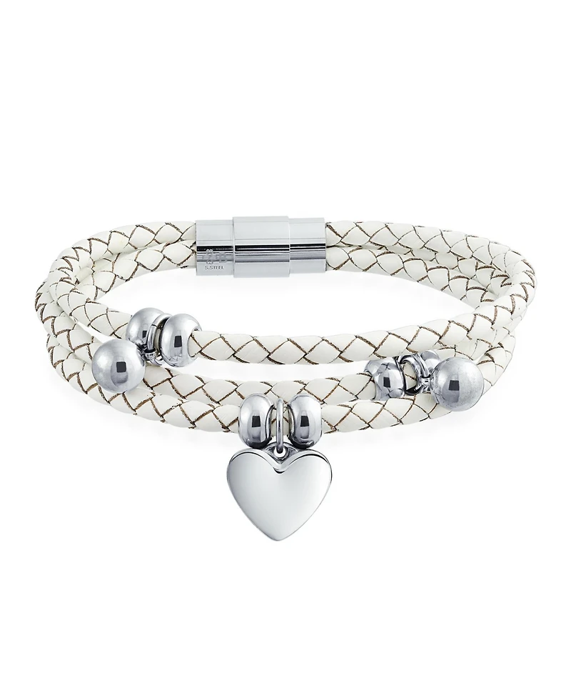 Bling Jewelry Pink or White Wrap Bracelet with Braided Leather and Heart Charms Stainless Steel