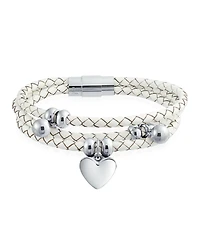 Bling Jewelry Pink or White Wrap Bracelet with Braided Leather and Heart Charms Stainless Steel