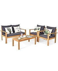 4PCS Patio Furniture Set Acacia Wood Thick Cushion Loveseat Sofa