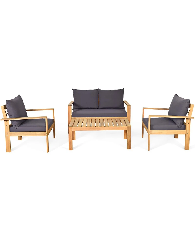 4PCS Patio Furniture Set Acacia Wood Thick Cushion Loveseat Sofa