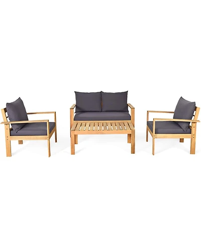 4PCS Patio Furniture Set Acacia Wood Thick Cushion Loveseat Sofa
