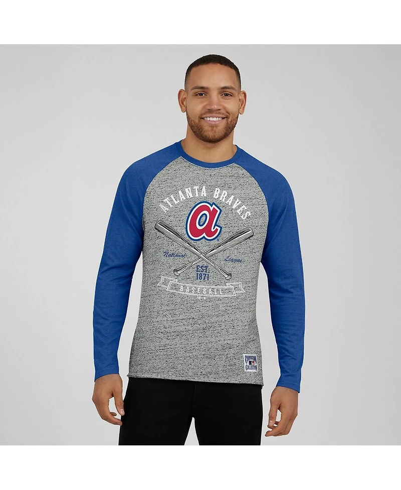 Fanatics Men's Heather Gray Atlanta Braves Raw Edge Raglan Long Sleeve Baseball T-Shirt