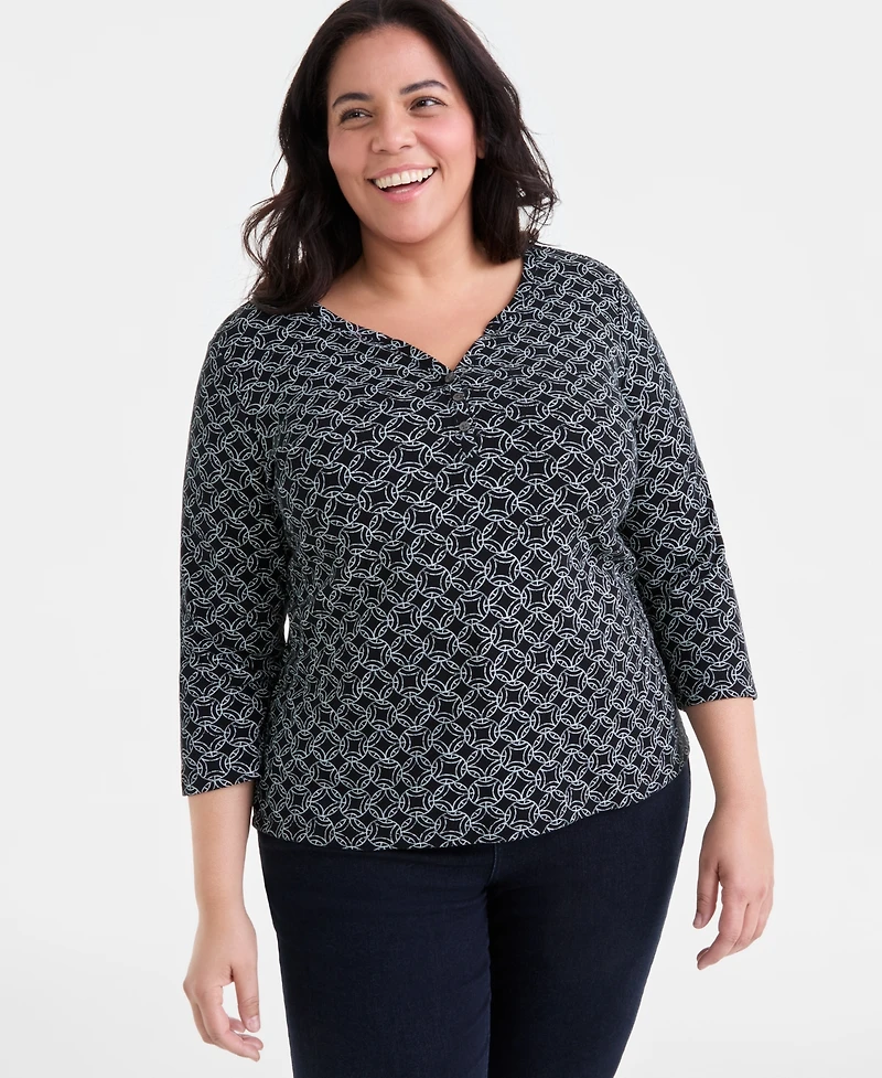 Style & Co Plus Printed 3/4-Sleeve Henley Top, Exclusively at Macy's