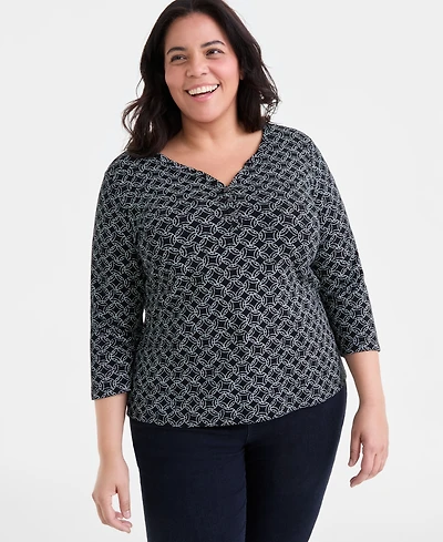 Style & Co Plus Printed 3/4-Sleeve Henley Top, Exclusively at Macy's