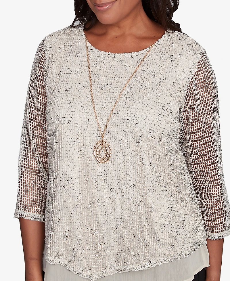 Alfred Dunner Petite Natural Instinct Popcorn Mesh Speckled Top With Necklace