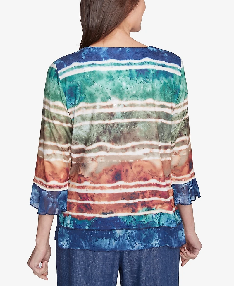 Alfred Dunner Petite Summer Solstice Tie Dye Striped Biadere Crewneck Top