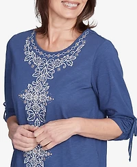 Alfred Dunner Petite Summer Solstice Embroidery Centered Tie Sleeve Top