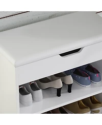 Shoe bench with shelves, natural wooden shoe rack with 3 storage compartments, Entryway Bench