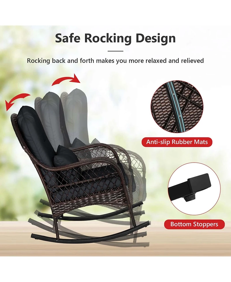 Patio Wicker Rocking Chair with Seat Back Cushions & Lumbar Pillow Porch