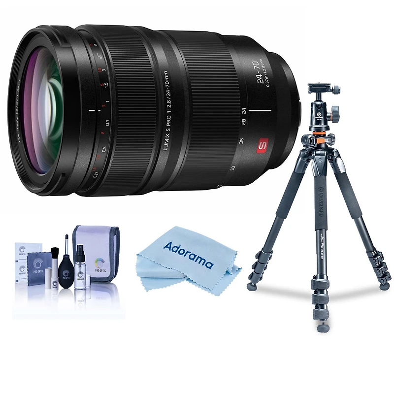 Panasonic Lumix S Pro 24-70mm f/2.8 Lens for L Mount, Bundle with Takama 3-Section Aluminum Video Tripod with Fluid Head, Cleaning Kit, Cleaning Cloth