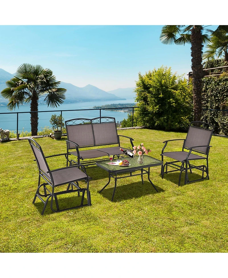4pcs Patio Glider Set Single Swing Rocking Chair Heavy-Duty Metal Frame Outdoor