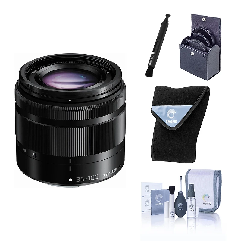 Panasonic Lumix G Vario 35-100mm f/4.0-5.6 Aspherical Lens for Micro Four Thirds, Black, Bundle with Bower 46mm Filter Kit, ProOptic 46mm Filter Kit,