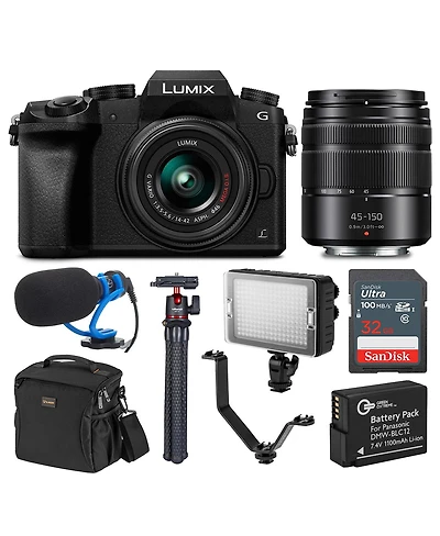 Panasonic Lumix Dmc-G7 Mirrorless Camera with Lumix G Vario 14-42mm and 45-150mm Lens, Bundle with Tripod, Microphone, Triple Shoe V-Bracket, On Camer