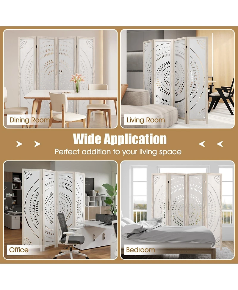 4-Panel Boho Room Divider – Privacy Screen with Detailed Carved Design for Home or Office
