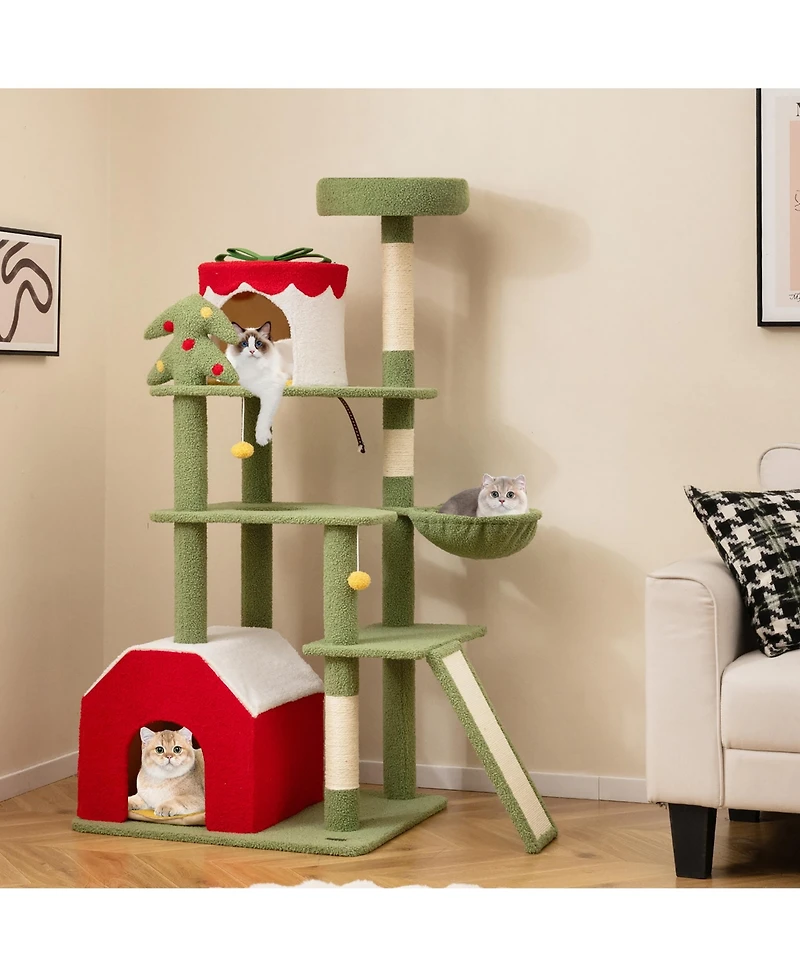 Gymax 61'' Tall Christmas Cat Tree w/ Sisal Scratching Posts Plush Perch & 2 Condos