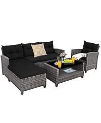Gymax Set of 4 Rattan Furniture Set Sofa Ottoman Cushion Garden Deck Patio