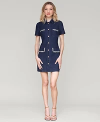 Avec Les Filles Women's Collared Button-Front Mini Denim Dress