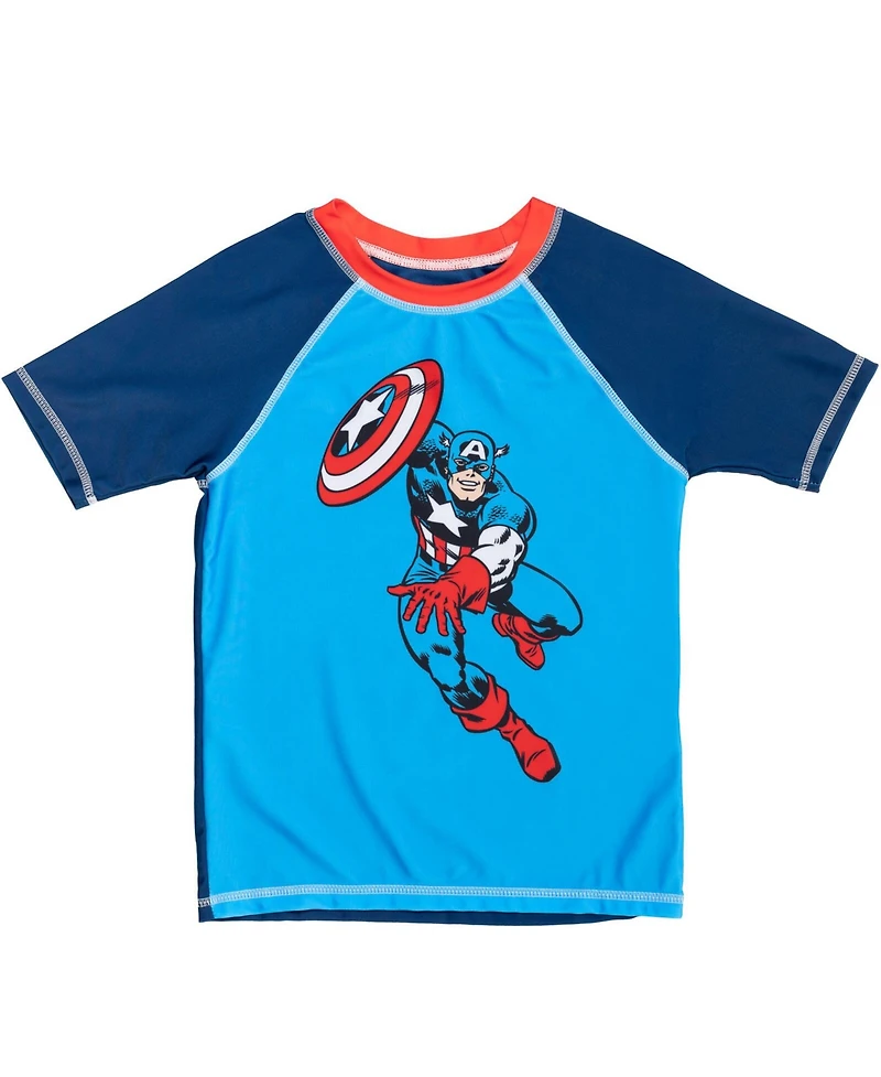 Avengers Boys Rash Guard Swim Trunks and Cap 3 Piece Swimsuit Set