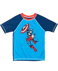 Avengers Boys Rash Guard Swim Trunks and Cap 3 Piece Swimsuit Set