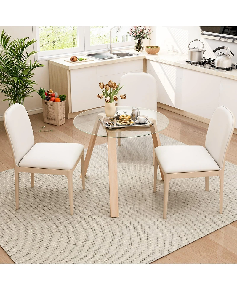 Round Glass Dining Table for 4 with Rubber Wood Frame