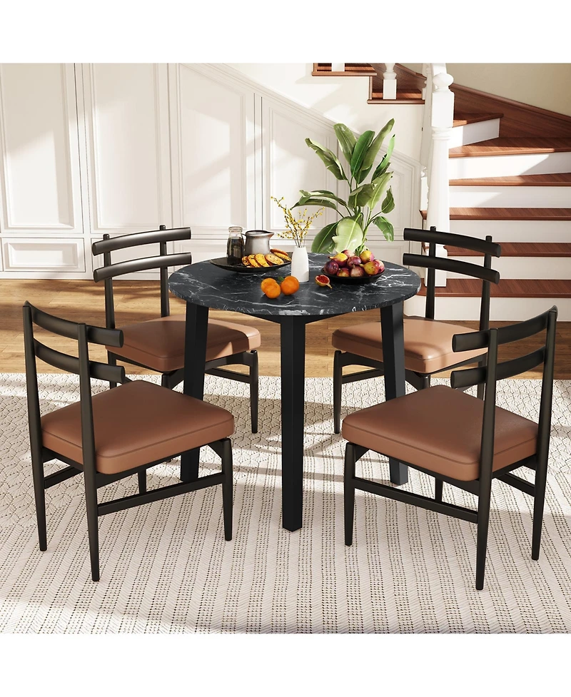 Round Dining Table with Rubber Wood Legs and Marble-textured Veneer Tabletop