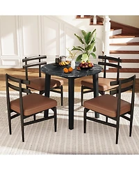Round Dining Table with Rubber Wood Legs and Marble-textured Veneer Tabletop