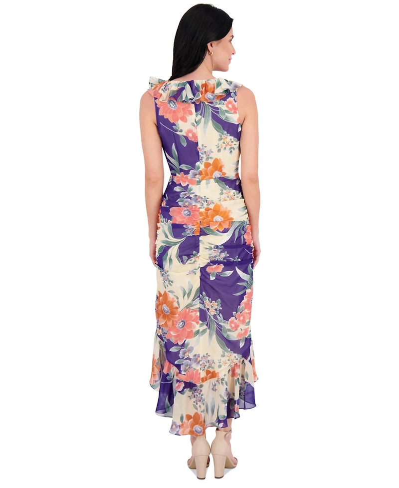 kensie Women's Printed Ruffled High-Low Maxi Dress
