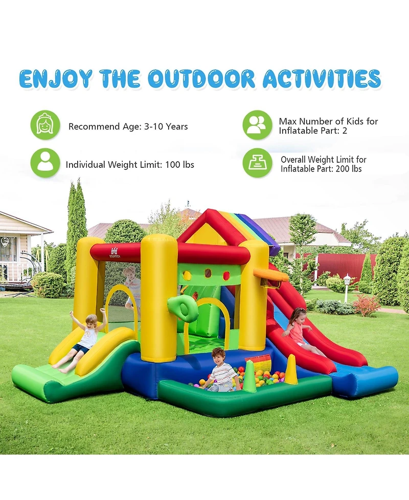 Costway Kids Colorful Rainbow Inflatable Bounce Castle with 50 Ocean Balls & 735W Blower