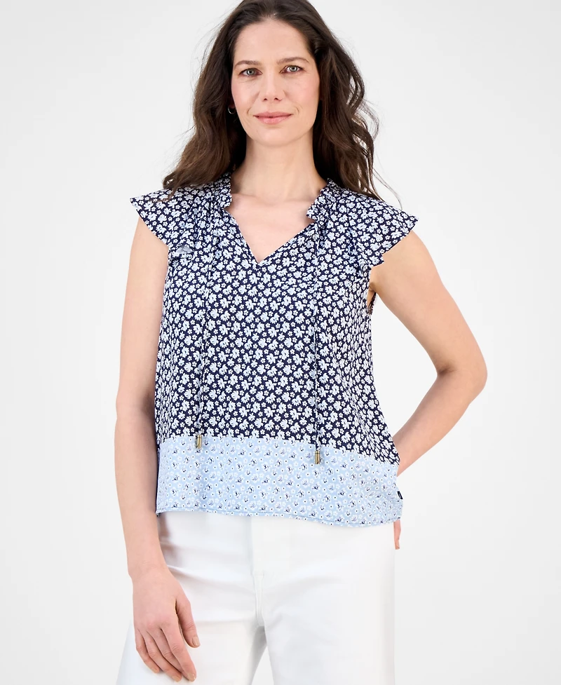 Nautica Jeans Women's Floral-Print Flutter-Sleeve Blouse