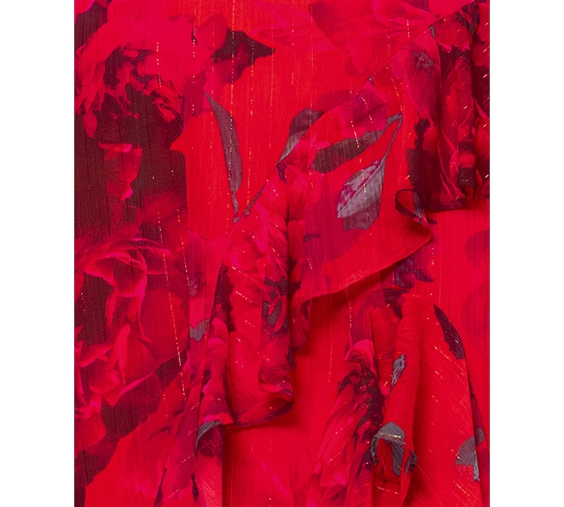 Betsy & Adam Petite Printed Ruffled Halter Gown